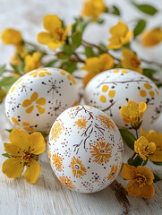 Fototapeta premium Decorated Easter eggs featuring floral designs are nestled among bright yellow flowering branches on a textured white surface.