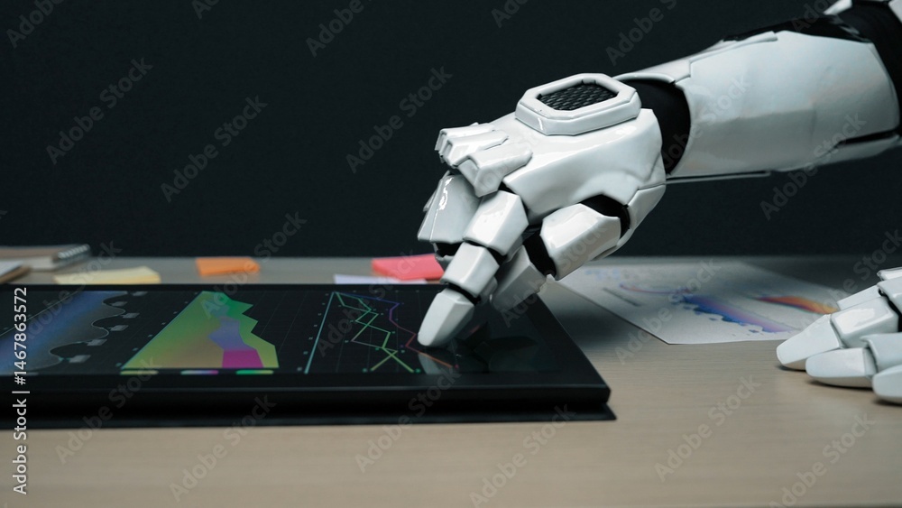 Poster a close-up of a robotic hand engaging with a touchscreen interface, displaying colorful graphs and d