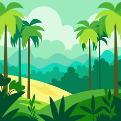 Landscape with palm trees vector background.