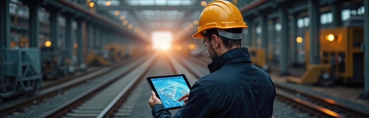 Industrial engineer using tablet inspects railway track systems. Railway worker in safety helmet reviews digital blueprints, checking train infrastructure. Transportation tech, railroad construction,