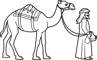 Man with Camel in Desert Illustration, Traditional Middle Eastern Scene Line Art, Black and White Camel Drawing for Coloring.