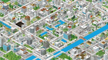 Detailed city map illustration with urban and natural elements.
