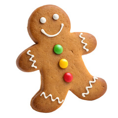 Gingerbread cookie shaped like a man with colorful decorations on it
