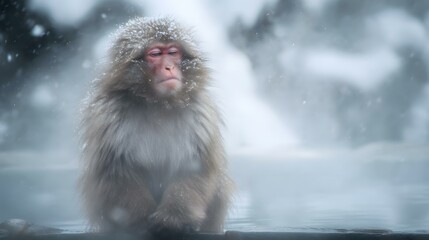 Naklejka premium Japanese Macaque Sitting Beside Hot Spring with Snowfall