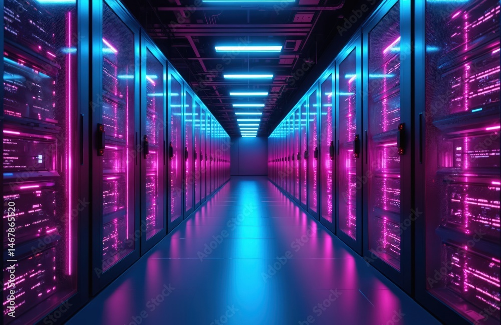 Poster Futuristic data center with rows of servers in neon blue, purple lights. Cybersecurity concept data storage infrastructure. Tech environment with high-tech server room. Digital transformation, high
