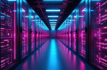 Fototapeta premium Futuristic data center with rows of servers in neon blue, purple lights. Cybersecurity concept data storage infrastructure. Tech environment with high-tech server room. Digital transformation, high