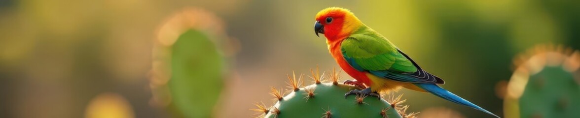 Fototapeta premium A cliff parakeet rests on a prickly pear cactus, sunlit feathers vibrant , dry, green, avian