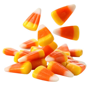 Colorful candy corn scattered on a white background during Halloween season
