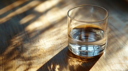 Obraz premium Refreshing glass of pure water bathed in sunlight on rustic wooden table