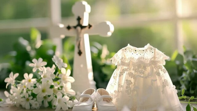 A beautiful baptism set-up featuring a delicate dress, small shoes, and a cross surrounded by fresh flowers. The serene atmosphere captures the essence of this sacred occasion