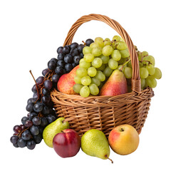 Freshly harvested fruit basket filled with grapes, apples, and pears