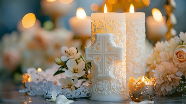 Softly lit candles adorned with intricate designs stand beside delicate white flowers at an altar. The peaceful atmosphere sets the mood for a heartfelt baptism ceremony filled with love and joy