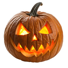 Carved pumpkin with glowing expression lit for Halloween celebration