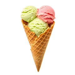 Three colorful scoops of ice cream in a waffle cone ready to enjoy