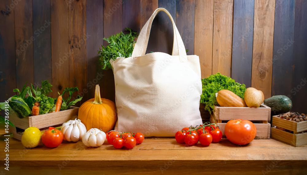 Poster fresh vegetables and fruits arranged artistically with a reusable bag on a wooden table in a rustic 