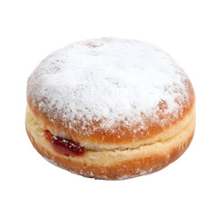 Freshly baked doughnut filled with jam and dusted with powdered sugar