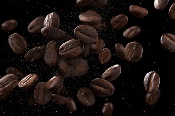 Obraz premium Roasted coffee beans levitate against a black background, showcasing their rich, dark brown tones.