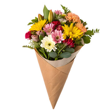 Colorful bouquet of flowers wrapped in brown paper cone