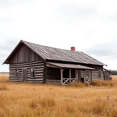 Old wooden abandoned farmstead in the middle of the field in Lithuania.