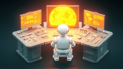Semi-bot person engages with advanced AI interface on futuristic computer in outer space, observing a glowing sun in the background