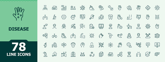 Disease icon set. Illness related icon set. Minimal icons set. Contains such icons as sick, symptom, pain, illness, infection and more. Editable stroke. Vector illustration.