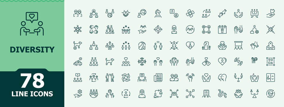Diversity icon set. Minimal thin line web icons pack. Containing difference, equal, variety, culture, team, equality. Editable vector art and illustration. Equality modern icon collection.
