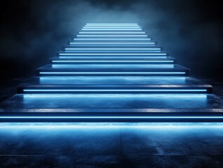 Futuristic concrete steps illuminated by vibrant blue neon lights, leading upwards into a smoky, dark space