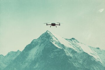 Fototapeta na wymiar A drone flies over a snow-capped mountain range on a clear day.