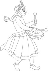 Indian wedding, drummer were drawn in Indian folk art, Rajasthani style. for textile printing, logo, wallpaper, and wedding card, wedding.