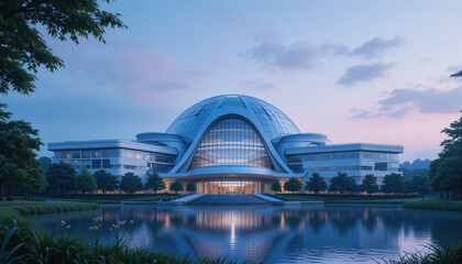 Fototapeta premium A futuristic hospital with a large glass dome, a sleek and modern cancer treatment center in the foreground, surrounded by lush greenery and a serene lake. 