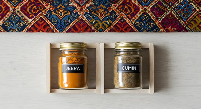 Two glass jars labeled jeera and cumin in a wooden frame under a patterned cloth top