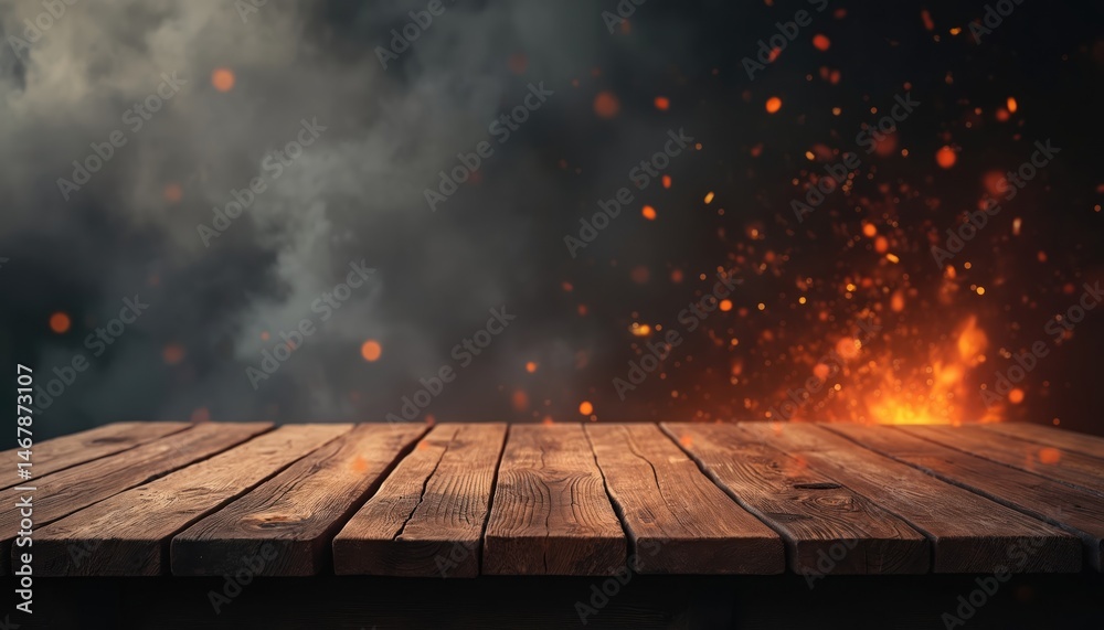 Poster illustration features wooden table with fire, smoke background. rustic tabletop with copy space for 