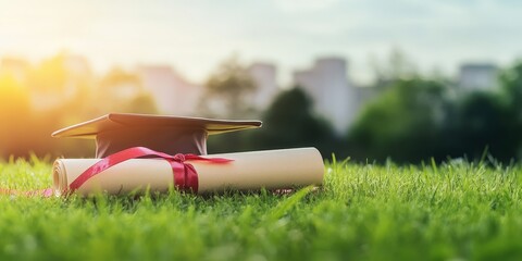 Graduation Cap and Diploma on Grass Field