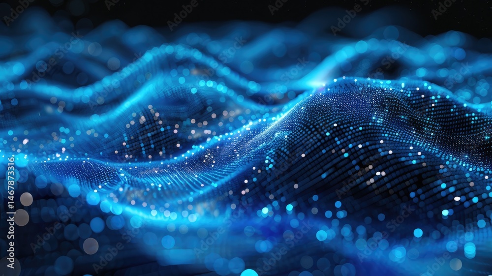 Poster abstract picture micro light sparkling particle represent data flow. vivid flowing wave with high te