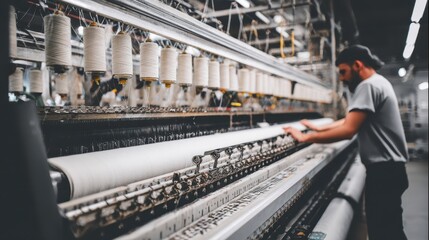 Industrial textile machinery in operation with a worker.