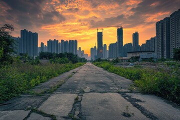 Empty road leads into cityscape at sunset.  Urban landscape,  abandoned road,  twilight,  sunset colors,  construction,  high-rise buildings,  greenery,  twilight,  horizon