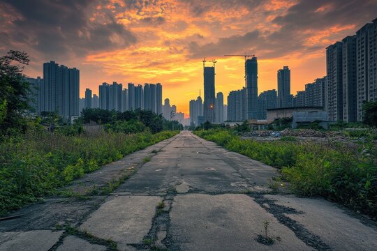 Empty road leads into cityscape at sunset. Urban landscape, abandoned road, twilight, sunset colors, construction, high-rise buildings, greenery, twilight, horizon