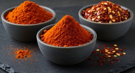 Three bowls filled with different types of chili peppers on a dark surface top view