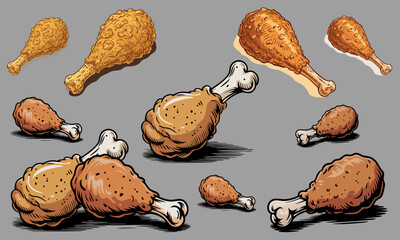 Fried chicken drum stick isolated colored drawing  art style sketch classic vintage design. Fried crispy chicken leg. Chicken Leg Doodle. Vector Illustration. 
