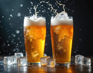 Chilled beer glasses ice cubes splash in dark setting. Summer gathering celebration party. Frothy lager bubbles refreshment, cooling. Enjoyment, satisfaction, thirst quenching drink, friends