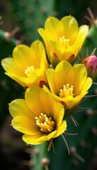 Obraz premium Vibrant yellow prickly pear cactus blossoms close-up , spines, prickly pear