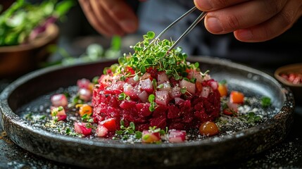 Exquisite beetroot dish garnished with fresh herbs. AI.