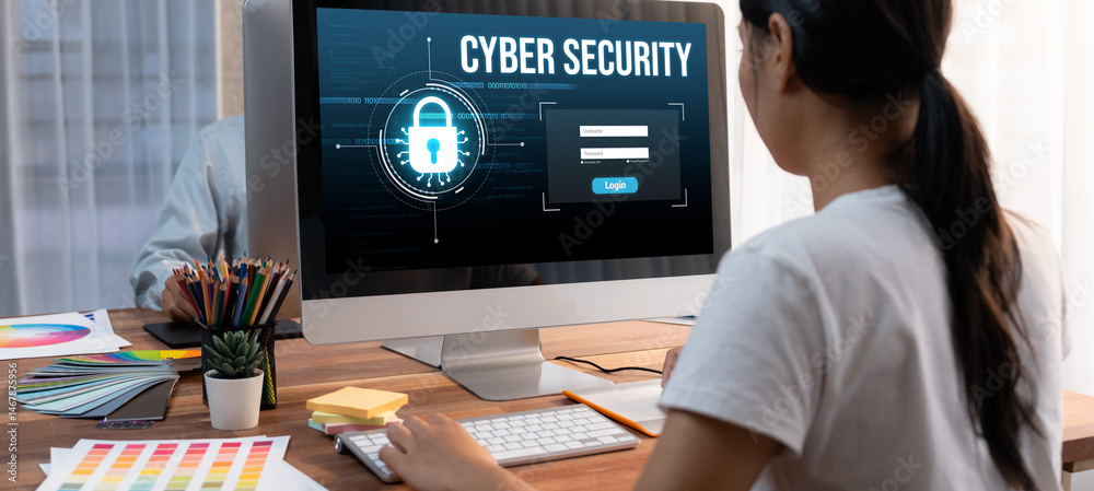 Poster Cyber security system on computer screen protect private information brisk from hacker and cyber attack