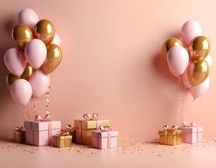 Pink and Gold Balloons and Presents on Pink Background