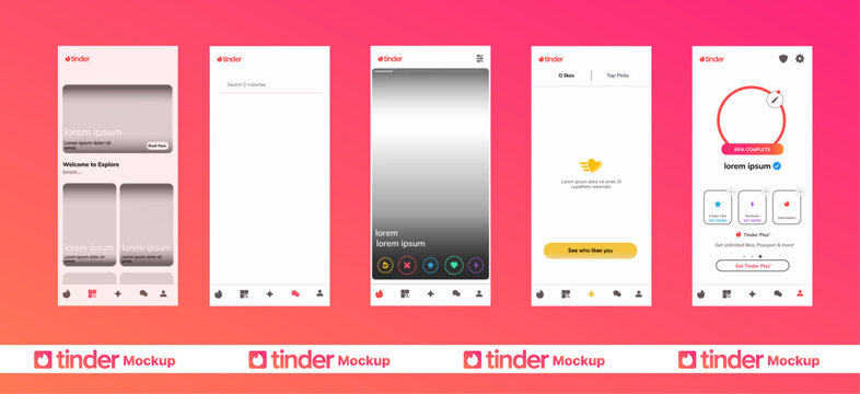 Tinder Mobile dating app UI mockup, Swipe cards, chat screen, and profile layout. Vector template for modern love connection, social interaction, and matchmaking apps. Tinder app interface design.	