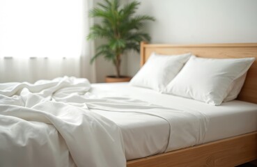 White bedsheets with pillows in bedroom interior. Natural light from window. Wooden bed frame with white linen. Comfortable cozy room. Home decor with plants. Modern hotel apartment.