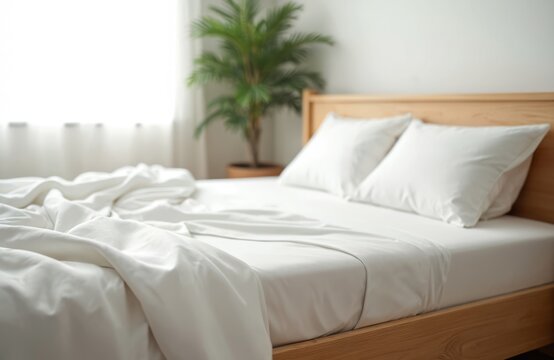 White bedsheets with pillows in bedroom interior. Natural light from window. Wooden bed frame with white linen. Comfortable cozy room. Home decor with plants. Modern hotel apartment.