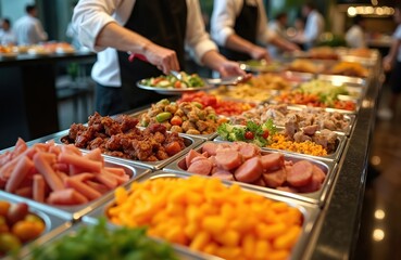 Obraz premium Buffet table with various foods in restaurant. Waiters serving fresh delicious meals with meat vegetables salads for lunch dinner breakfast. Catering food, banquet for special events.