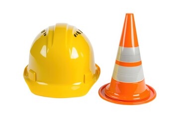 Yellow helmet and traffic cone isolated on white background