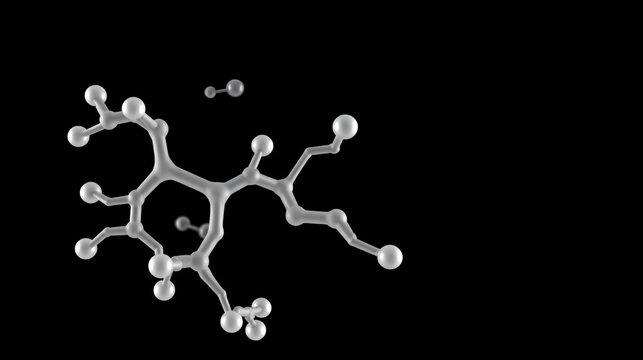 Iptacopan molecule, rotating 3D model of complement factor b inhibitor, looped video on a black background
